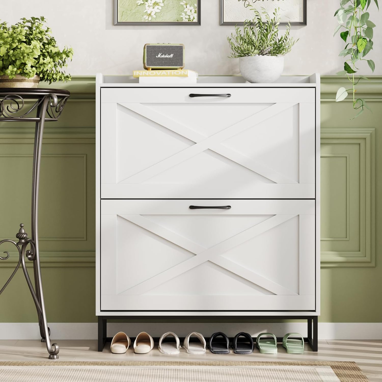 Factory Direct Wholesale Modern Green Shoe Cupboard, Wooden Shoe Storage Cabinet up to 20 Pairs with 3 Shutter Doors