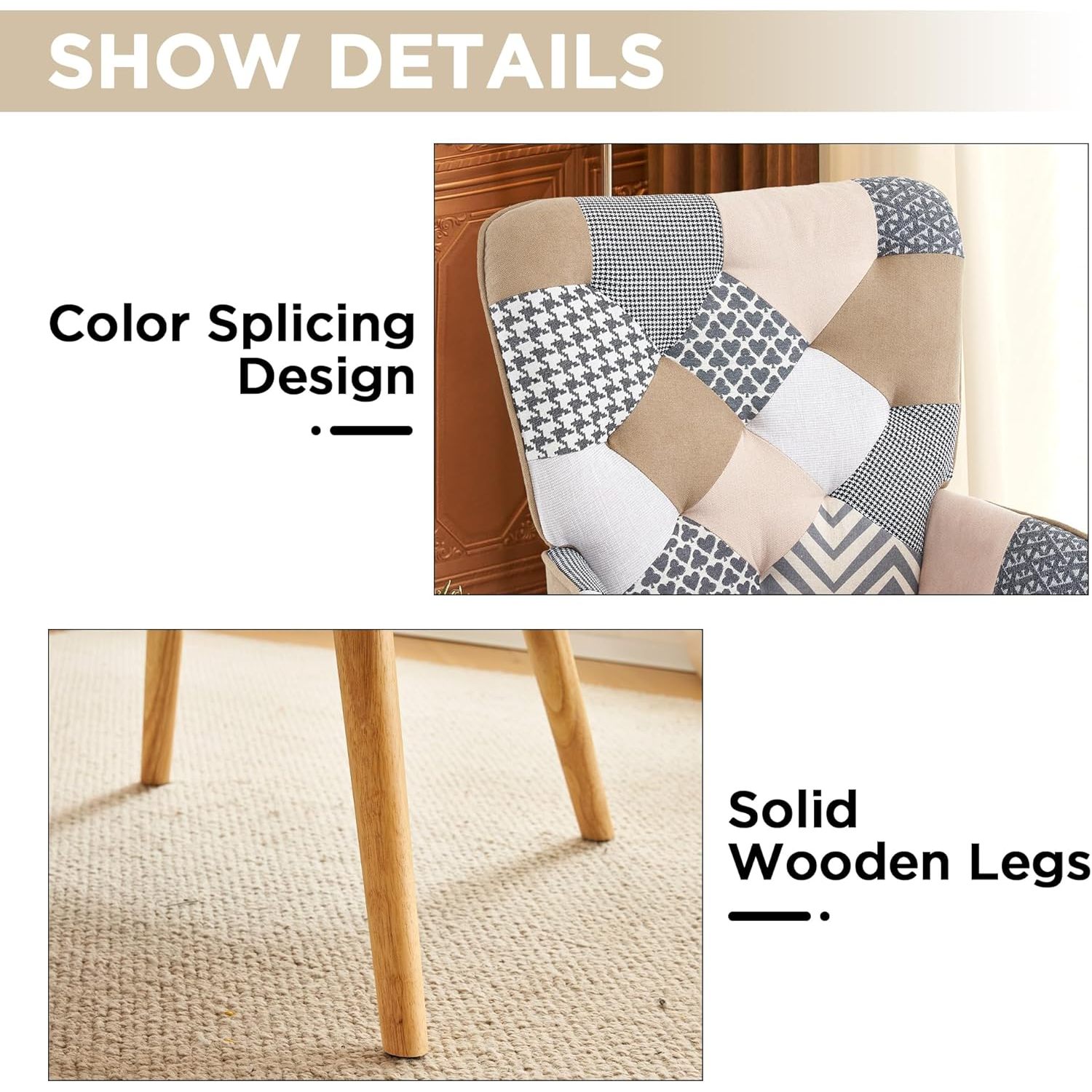 Modern High Back Square Armchair Memory Foam Colorful Patchwork Design Steel Frame Wood Finish Living Room Bedroom Dining Hotel