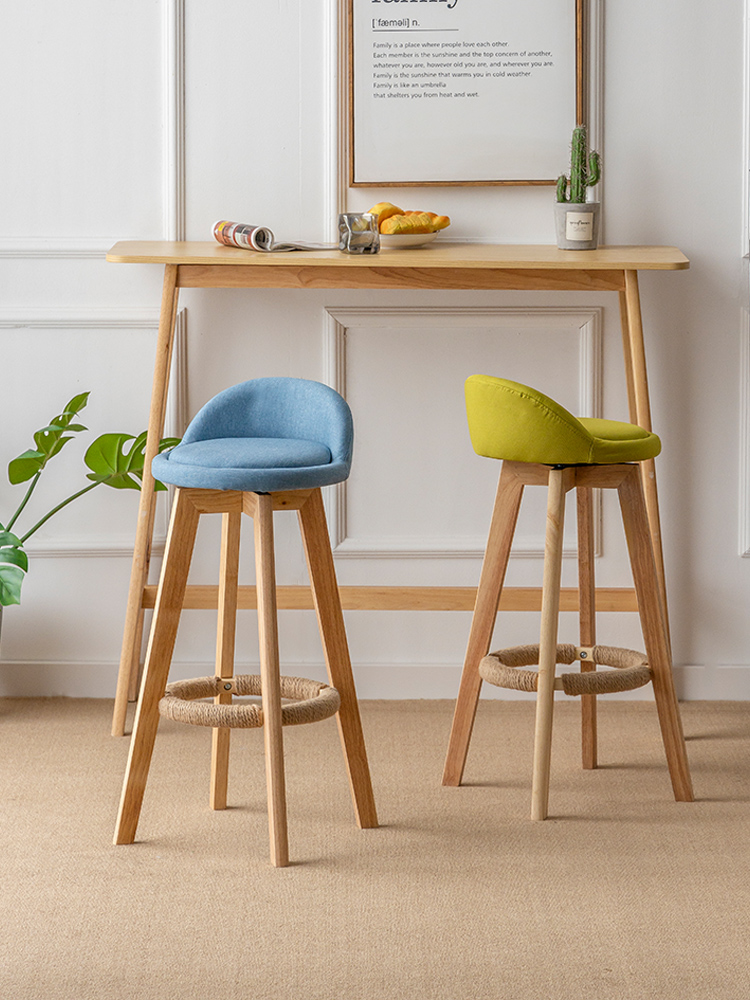 Modern Light Luxury Rubberwood Leather Cushion Back Bar Stool High Stools