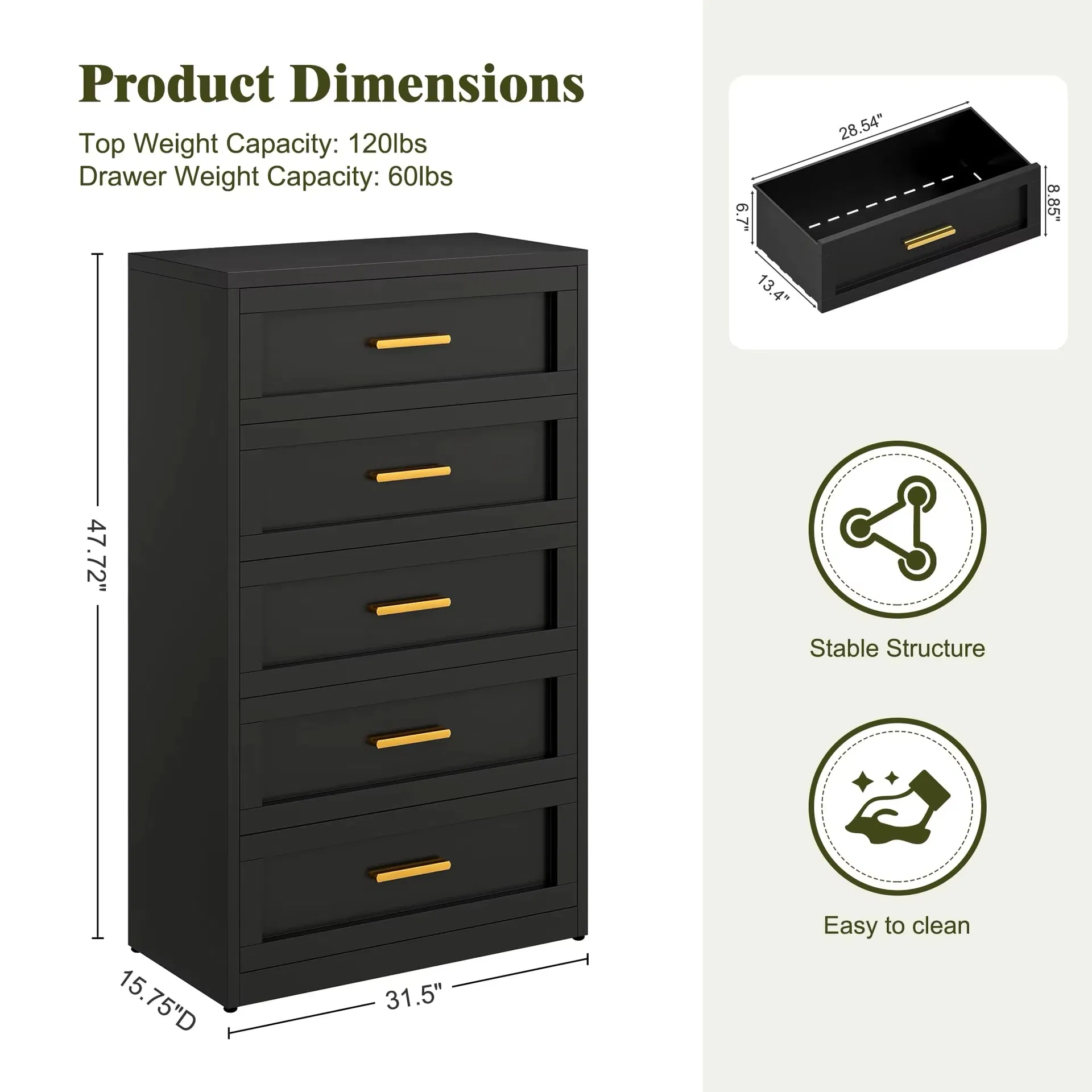 Sturdy Steel Five Drawer Chest with Smooth Sliding Rails for Bedroom Storage
