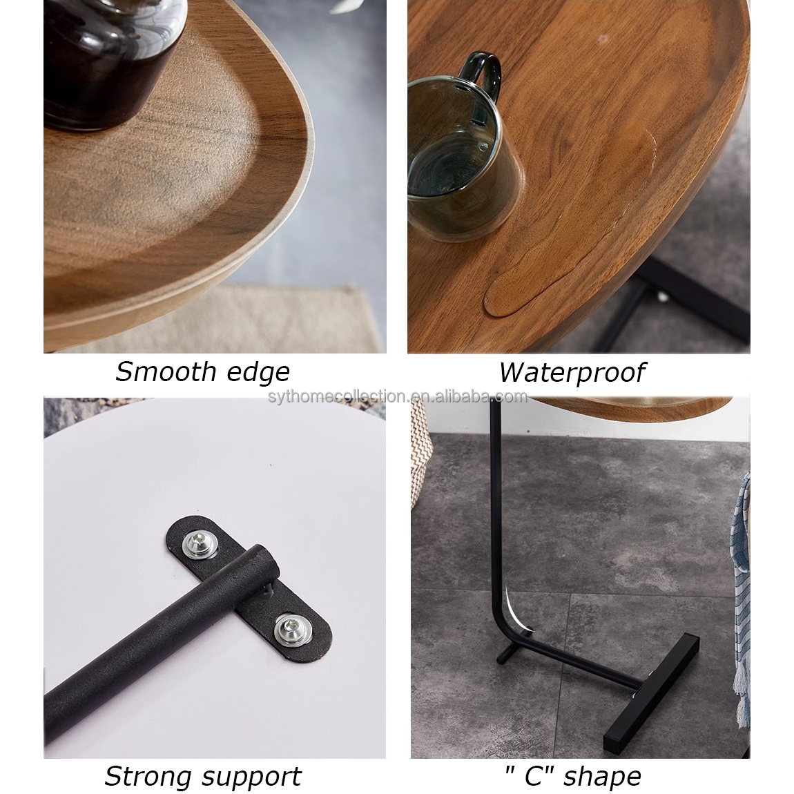 Ready Stock Round Tray Snack Stand Table, MDF Wood Look Top Metal C Frame Slide-in End Table for Sofa Tea Corner