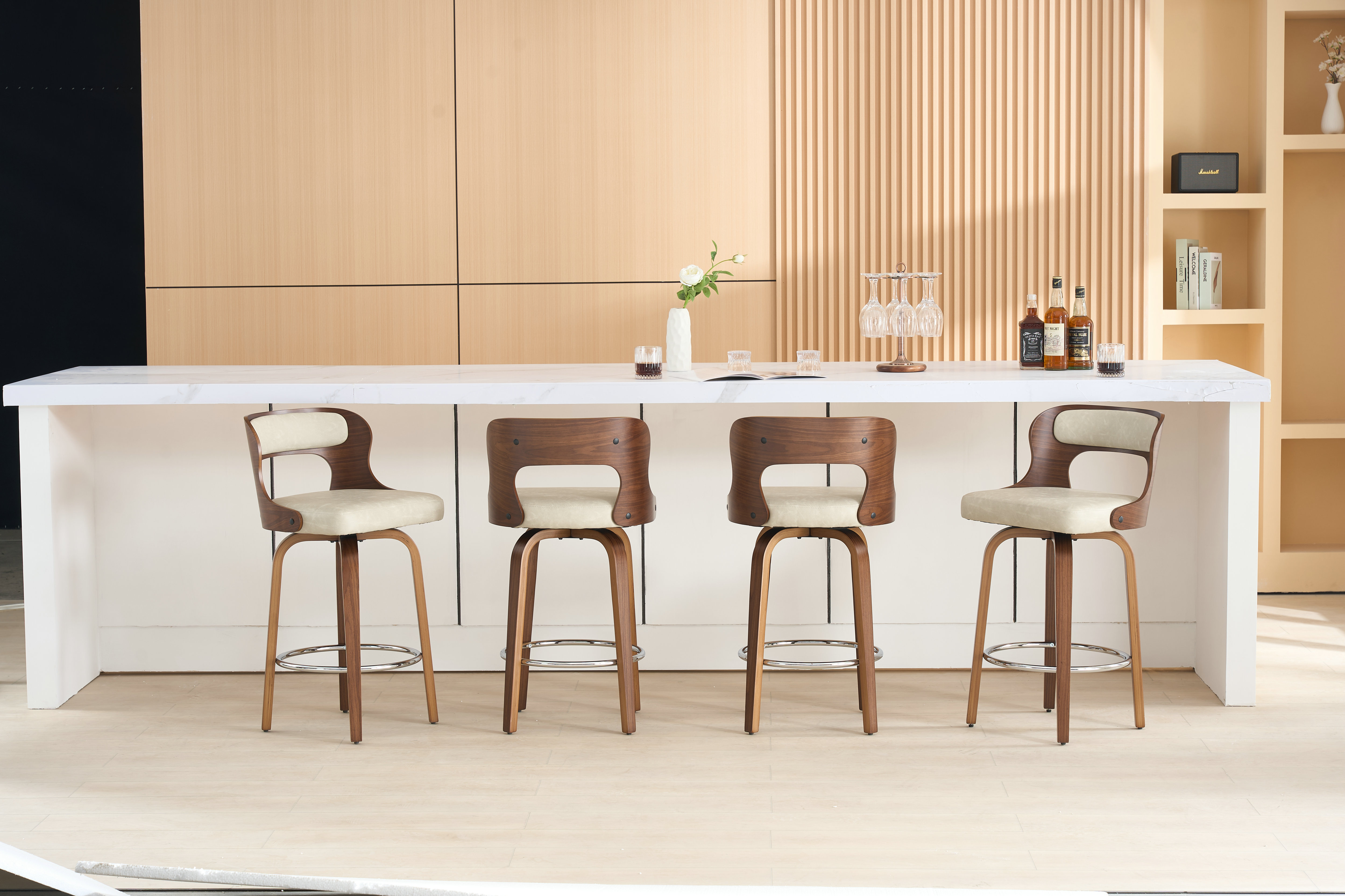 PU Synthetic Leather Modern Eco-Friendly Bar Stools Counter High Chair Swivel Bent Wood Adjustable Dining Kitchen Living Room