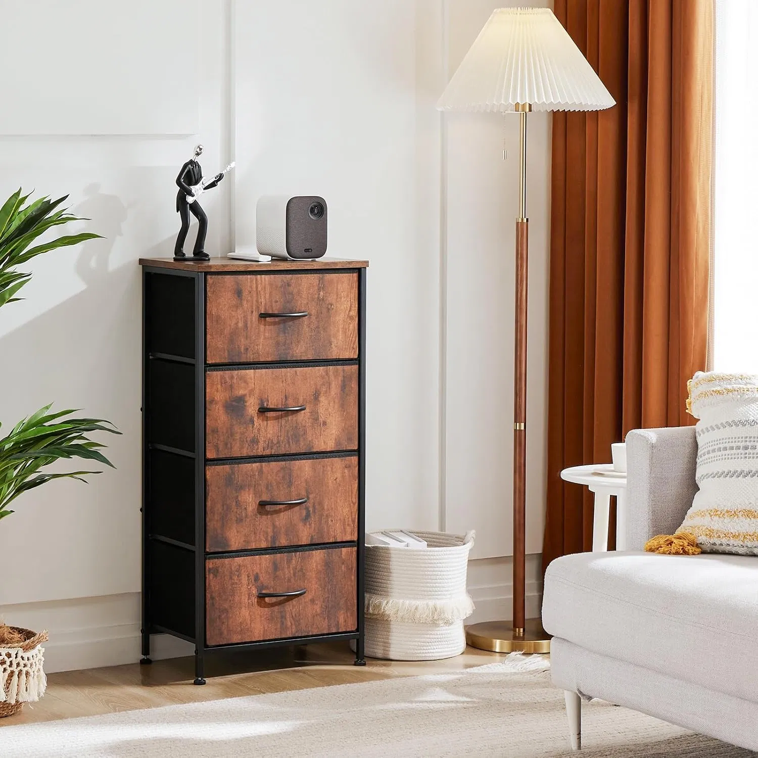 Dresser for Bedroom with 4 Storage Drawers Skinny Fabric Storage Chest of Drawers with Metal Frame Wooden Top for Living Room