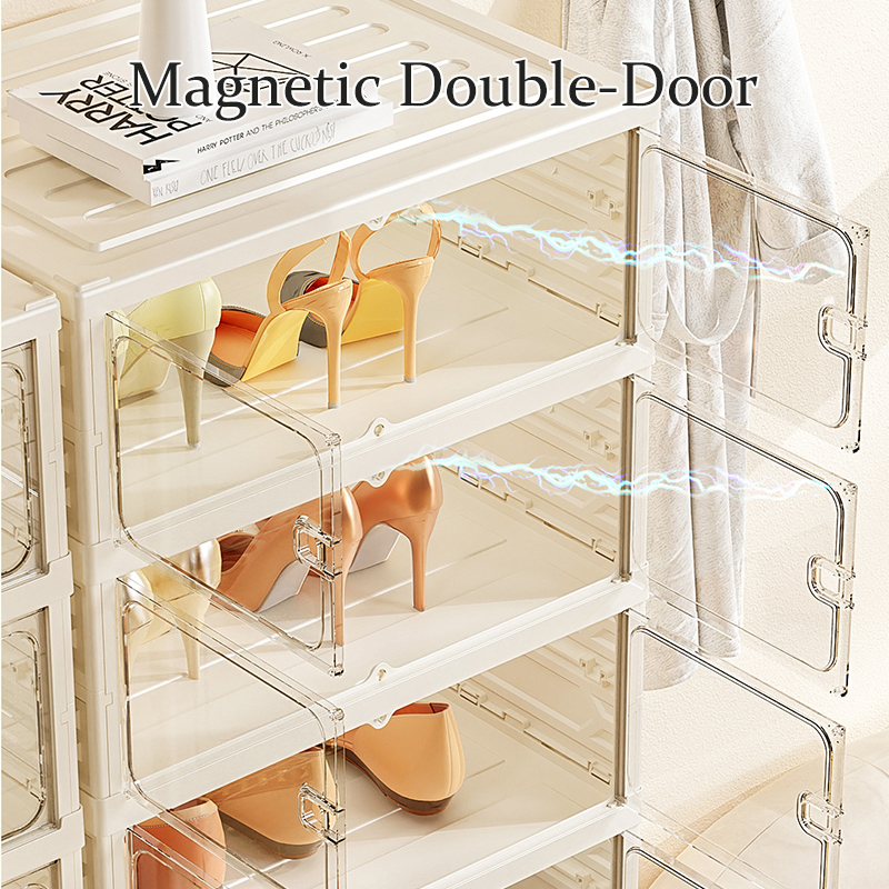 DAYOOH 3 Layer Easy-to-Install Shoe Organizer Household Portable Durable Foldable Plastic Shoe Cabinet with Magnetic Door