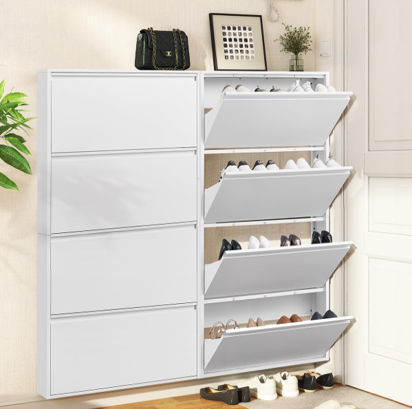 Metal Shoes Cabinet with 4 Flip Drawers, Wall Mount Shoe Organizer for Entryway, 4 Layers Steel Shoe Rack Hidden Shoe Organizer