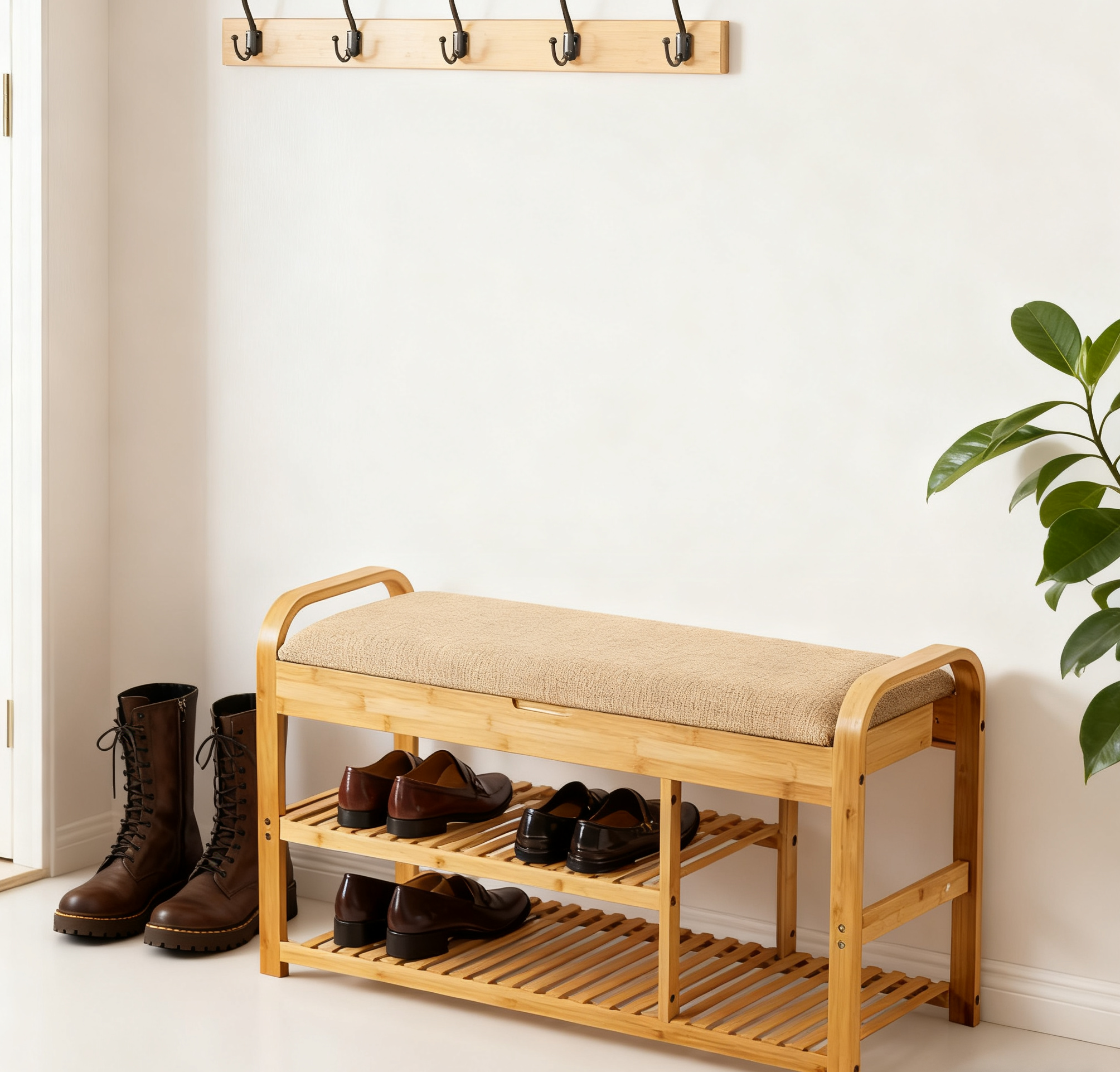 Modern Bamboo Shoe Rack Bench with Shoe Storage 3 Shelves Floor Mount up to 11 Pair Entryway Living Room Furniture