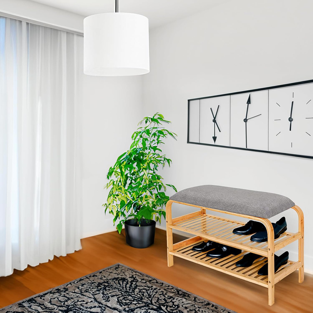 Modern Durable 3-Tier Bamboo Shoe Rack Bench with Storage Shelves for Living Room Entryway