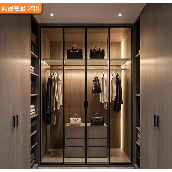 Luxury Contemporary Metal Glass Wardrobe with Backlit LED Strip Extendable Customizable Size and Material