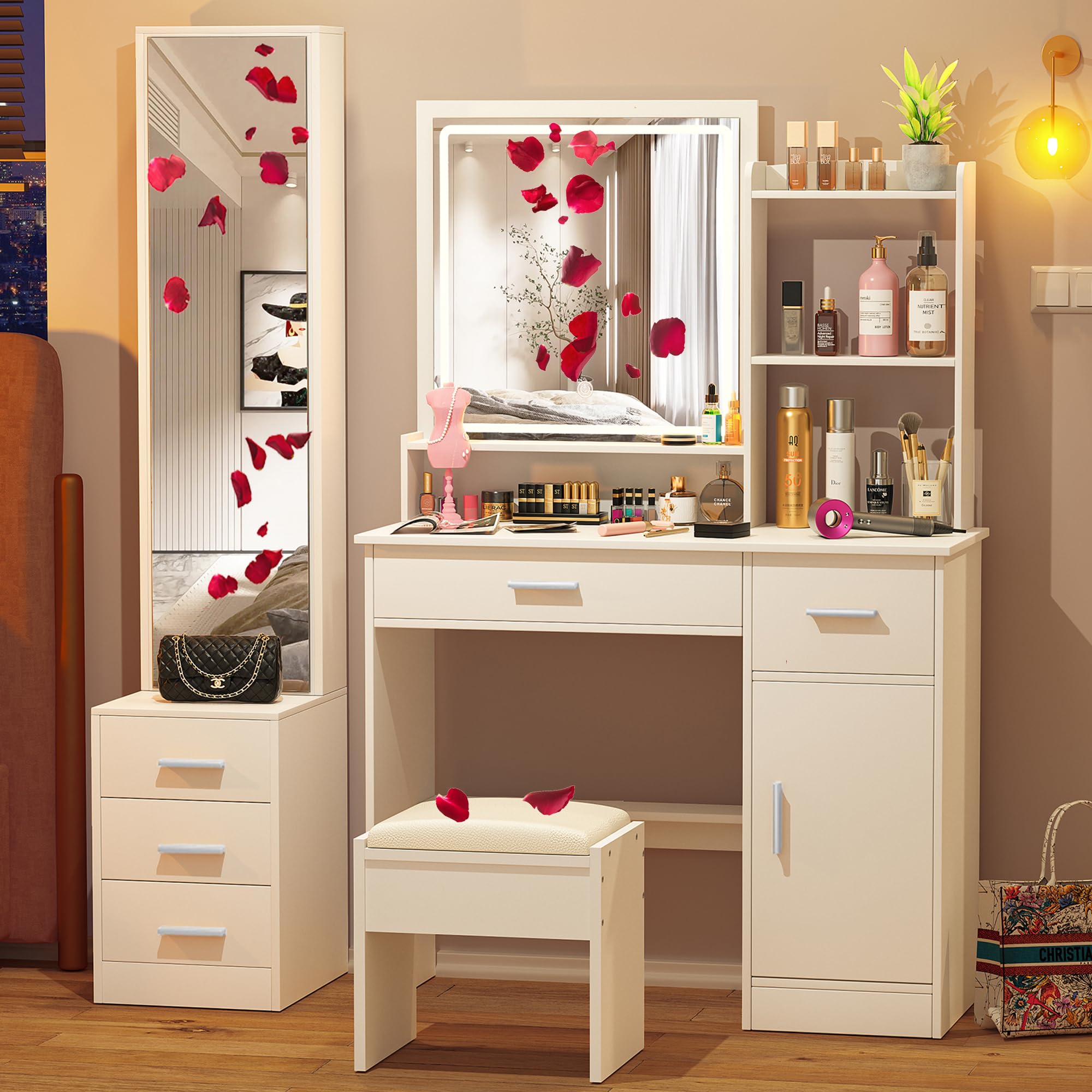 Wood Make-Up Vanity Dressing Table 2 Colors Bedroom Furniture Mini Vanity Desk With Round Mirror Desk and Cushioned Stool Set
