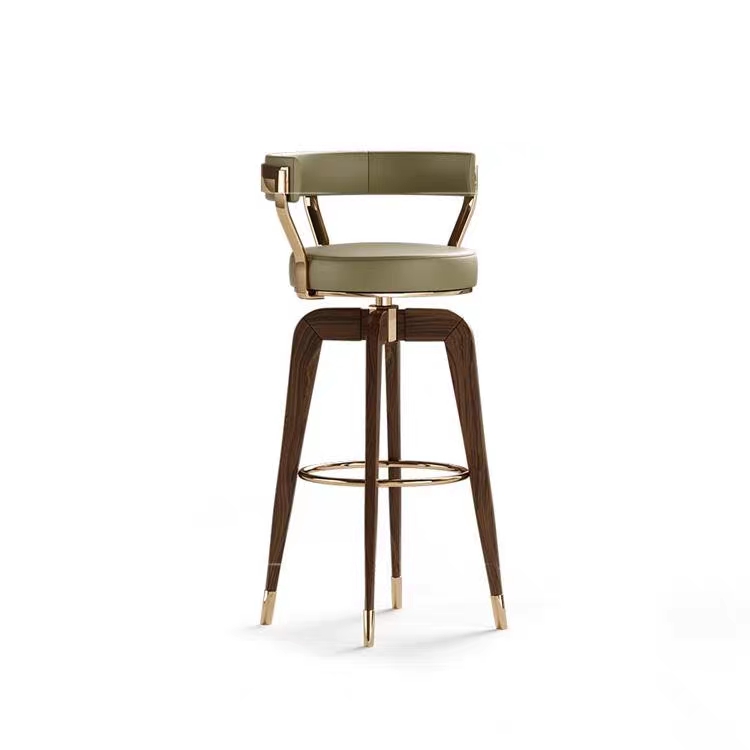 Nordic Luxury Modern Solid Wood Frame Leather Upholstered Bar Chair for bar Coffee Round Shape Round Shape Swivel bar Stool