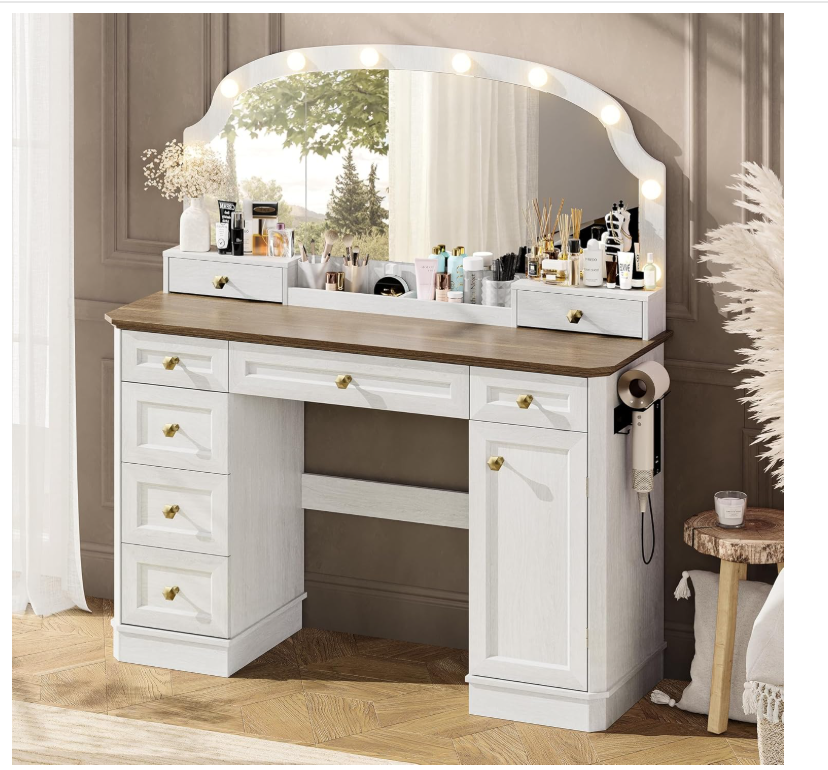 WemFeng ODM/OEM Rustic White Vanity Desk Mirror Lights 47'' 8 Drawers 1 Cabinet 2 Organizer Trays Large Dressing Table