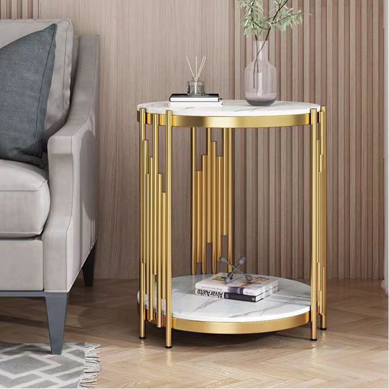 Side Tables for Living Room Luxury Small Golden Round Coffee Table Marble Sofa Side Double Layered Home Bedroom Bed Side Table