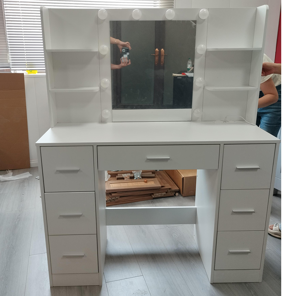 OEM/ODM Custom Wood Vanity Desk Makeup Table with Mirror Adjustable Lighting and Power Outlet