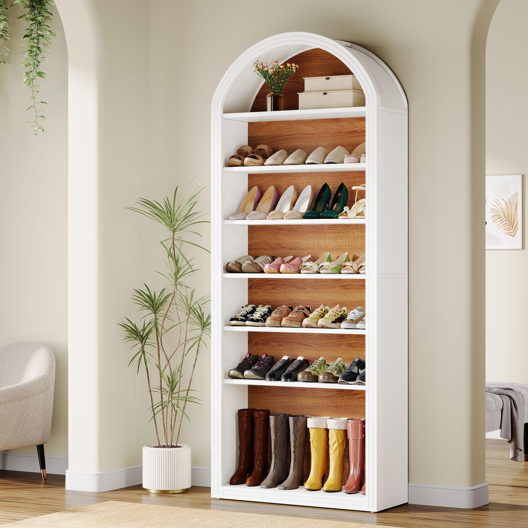 Tall Arched 8-Tier Farmhouse Modern Wooden Shoe Storage Cabinet Freestanding White Convertible Home Furniture for Living Room
