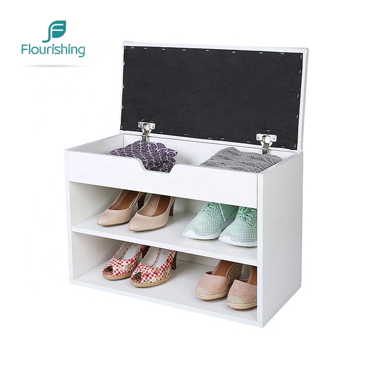 Wholesale Modern Eco-Friendly Living Room White Finish Wooden Entryway Rack Shoe Bench with Cushion