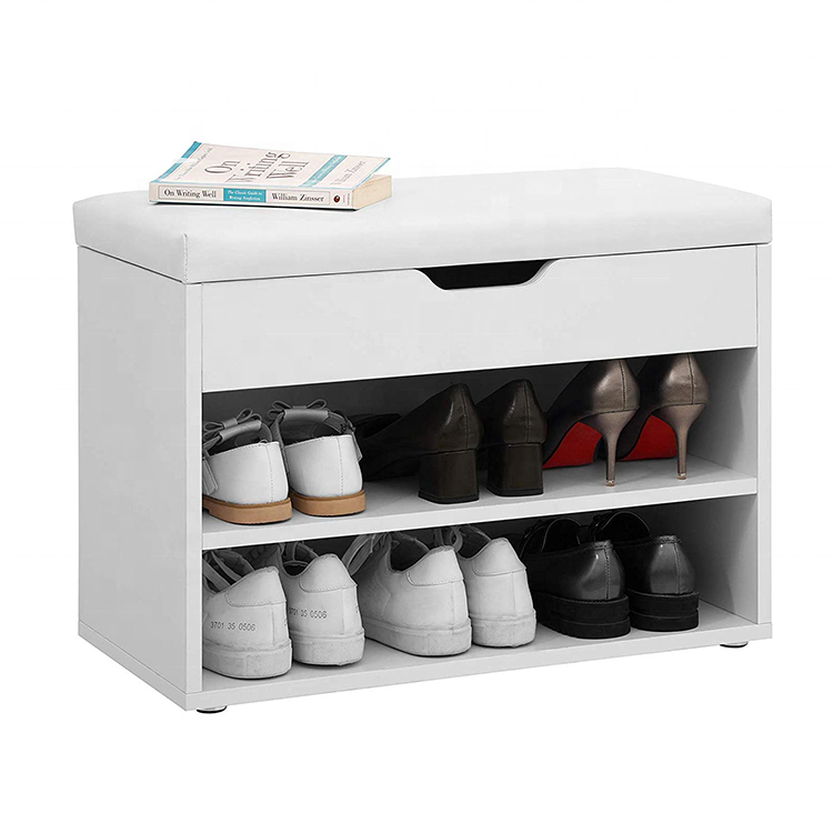 Wholesale Modern Eco-Friendly Living Room White Finish Wooden Entryway Rack Shoe Bench with Cushion