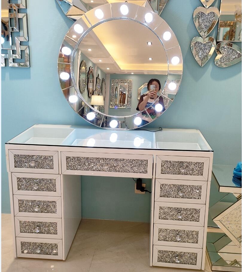 Top Seller Luxury White Mirrored Vanity Table with LED Makeup Mirror Set Mirrored Furniture Dressing Table Desk for Bedroom