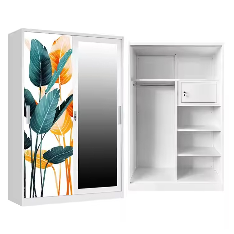 Custom Design Printing Knock Down Iron Cupboard Cloth Storage Bedroom Furniture Metal Mirror Sliding Steel Wardrobe 2 Door