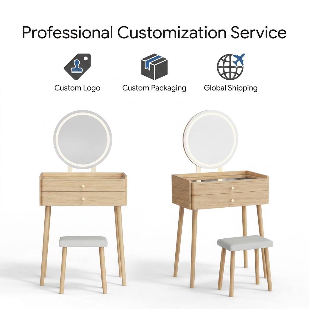 Modern Nordic Wooden Makeup Vanity Table with LED Mirror and Stool Minimalist Japandi Dressing Desk with Drawers