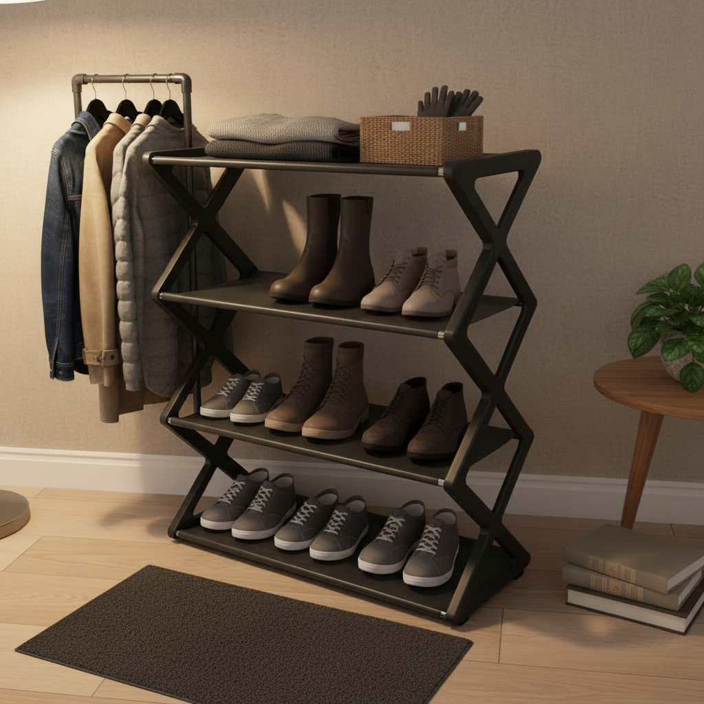 Cedar Space Household Simple X-Shaped Shoe Rack Multi-Functional 4 Layer Steel Pipe Assembly Shoe Cabinet for Student Dormitory Doorway