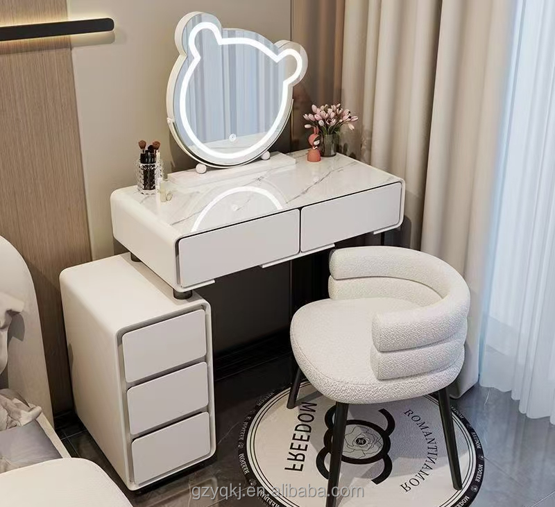 Modern Creamy Style Small-Sized Dressing Table with Rock Board &amp; Tempered Glass Simple Luxury Makeup Vanity