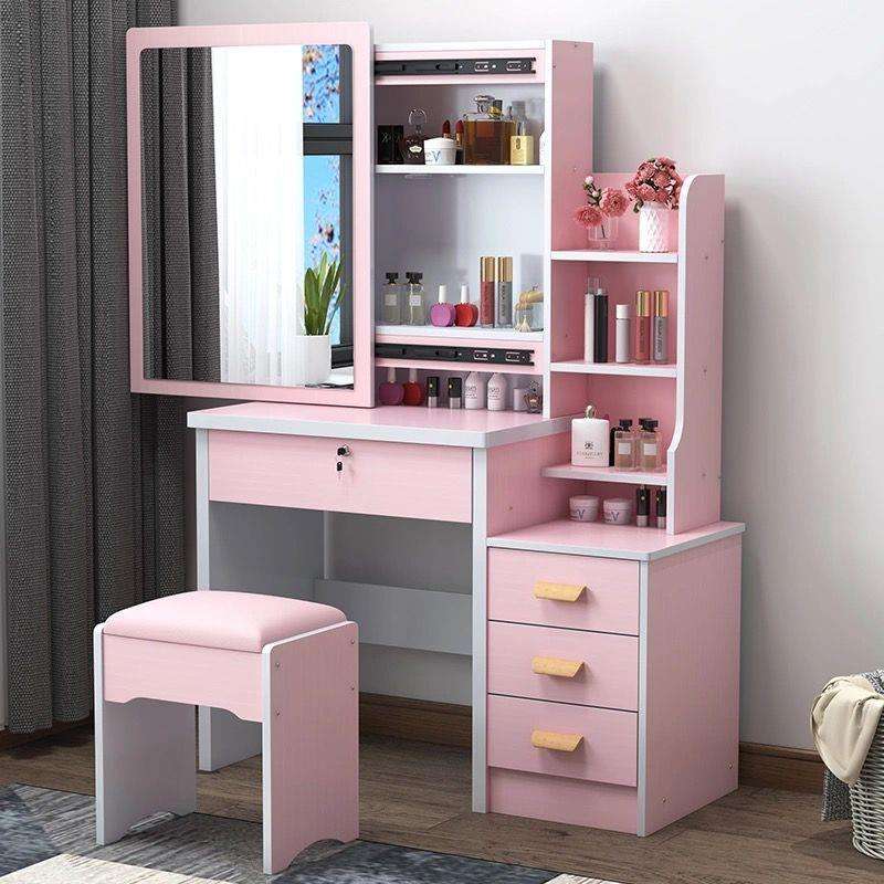 Modern Bedroom Wooden Tocador Vanity Dressing Table with Sliding Doors Lighted Mirror Foldable Design Removable Drawers