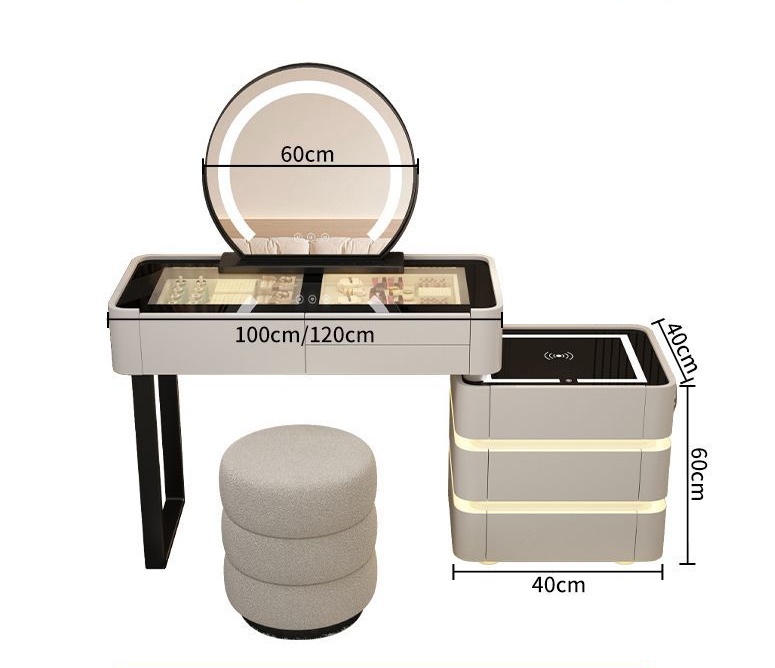 Hot Modern Lighted Adjustable Extendable Bedroom Vanity Makeup Dresser with 3 Colors LED Mirror Smart Dressing Table Glass Top