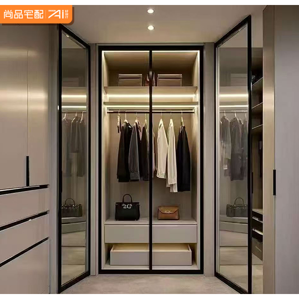 Luxury Contemporary Metal Glass Wardrobe with Backlit LED Strip Extendable Customizable Size and Material