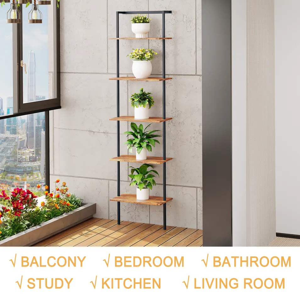 Ladder Shelf Wall-Mounted Design Tall Display Shelf Steel Wood Wall Bookshelf