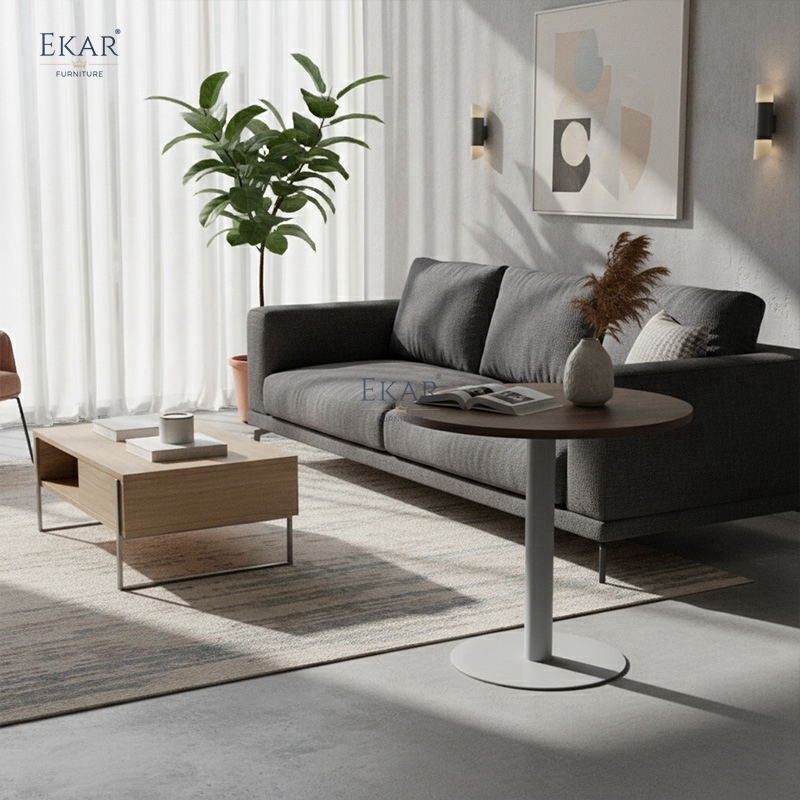 Modern Round Wood &amp; Leather Side Table | Luxury End Table | EKAR Villa &amp; Hotel Living Room Furniture