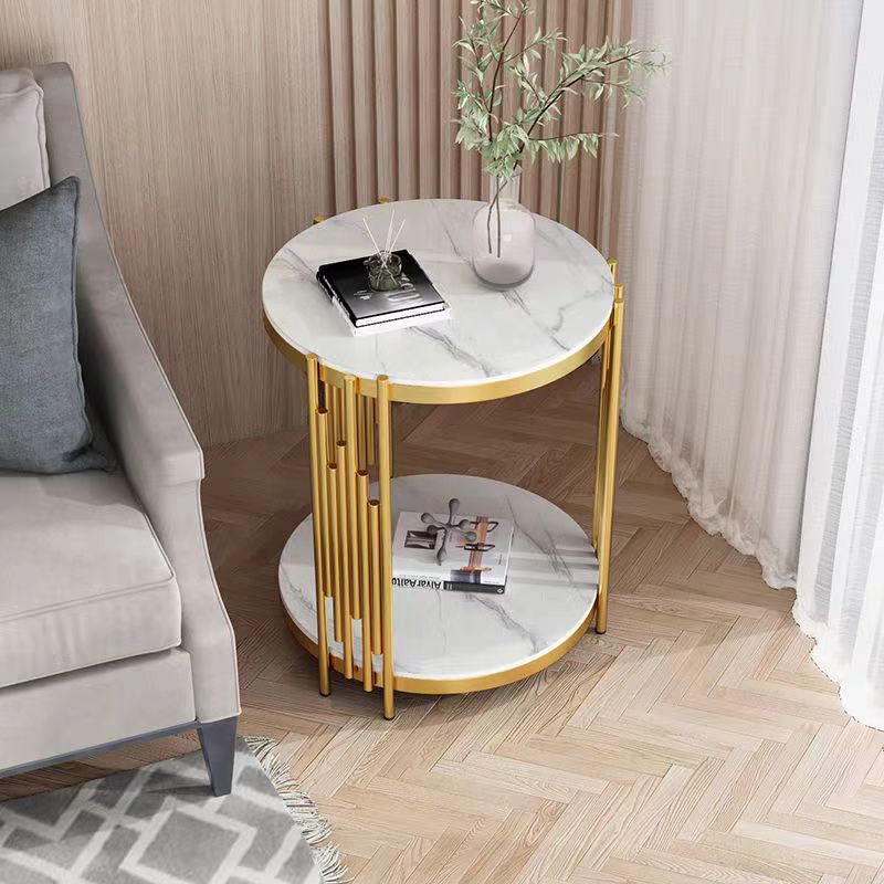 Side Tables for Living Room Luxury Small Golden Round Coffee Table Marble Sofa Side Double Layered Home Bedroom Bed Side Table
