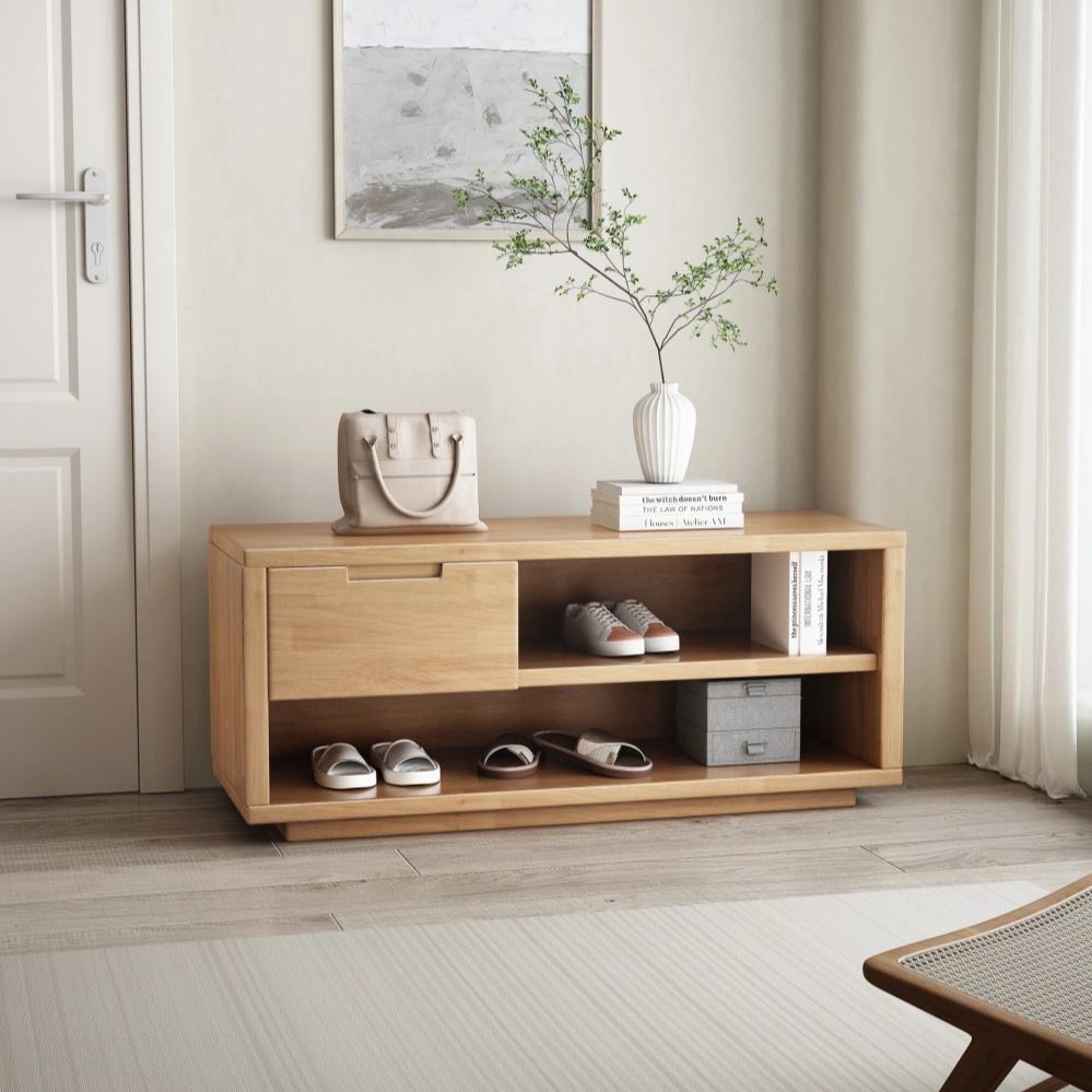 Solid Wood Shoe Bench Modern Minimalist Entryway &amp; Hotel Bench with Storage for Two People Lightweight Design