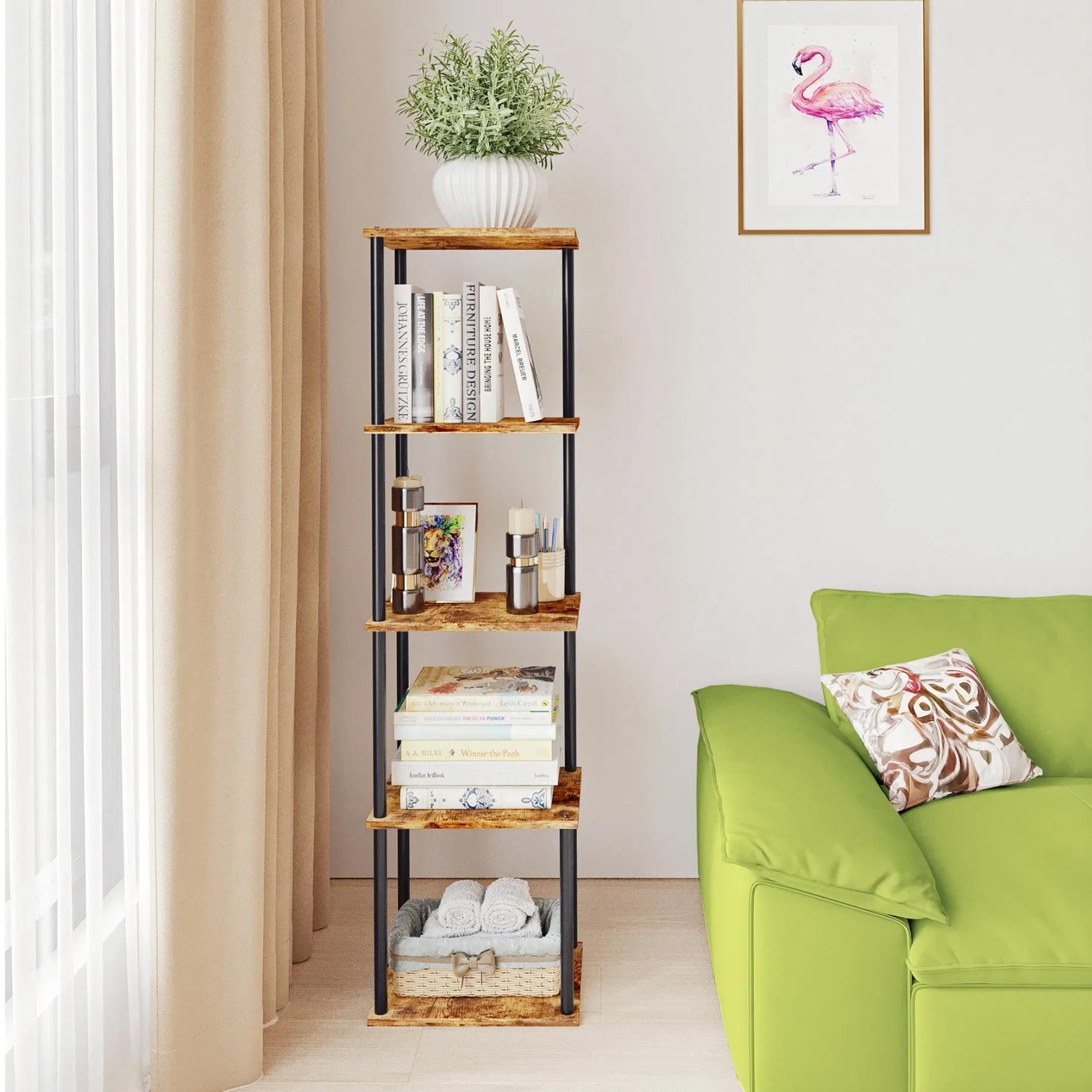 Ladder Shelf Wall-Mounted Design Tall Display Shelf Steel Wood Wall Bookshelf