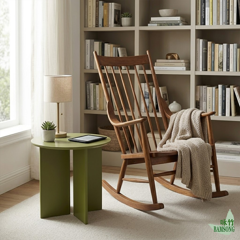 Side Table Natural Bamboo Olive Green Finish Simple Modern Round End Table with Panel Legs Sturdy Coffee Table for Home Use