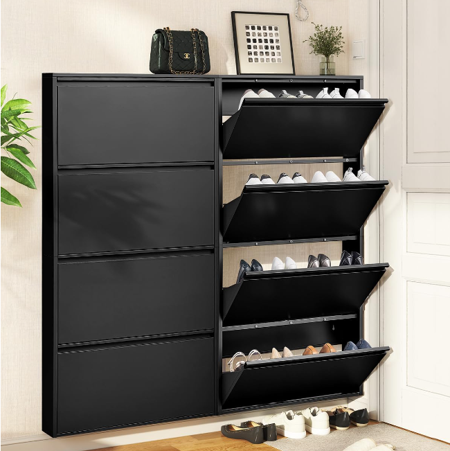 Metal Shoes Cabinet with 4 Flip Drawers, Wall Mount Shoe Organizer for Entryway, 4 Layers Steel Shoe Rack Hidden Shoe Organizer