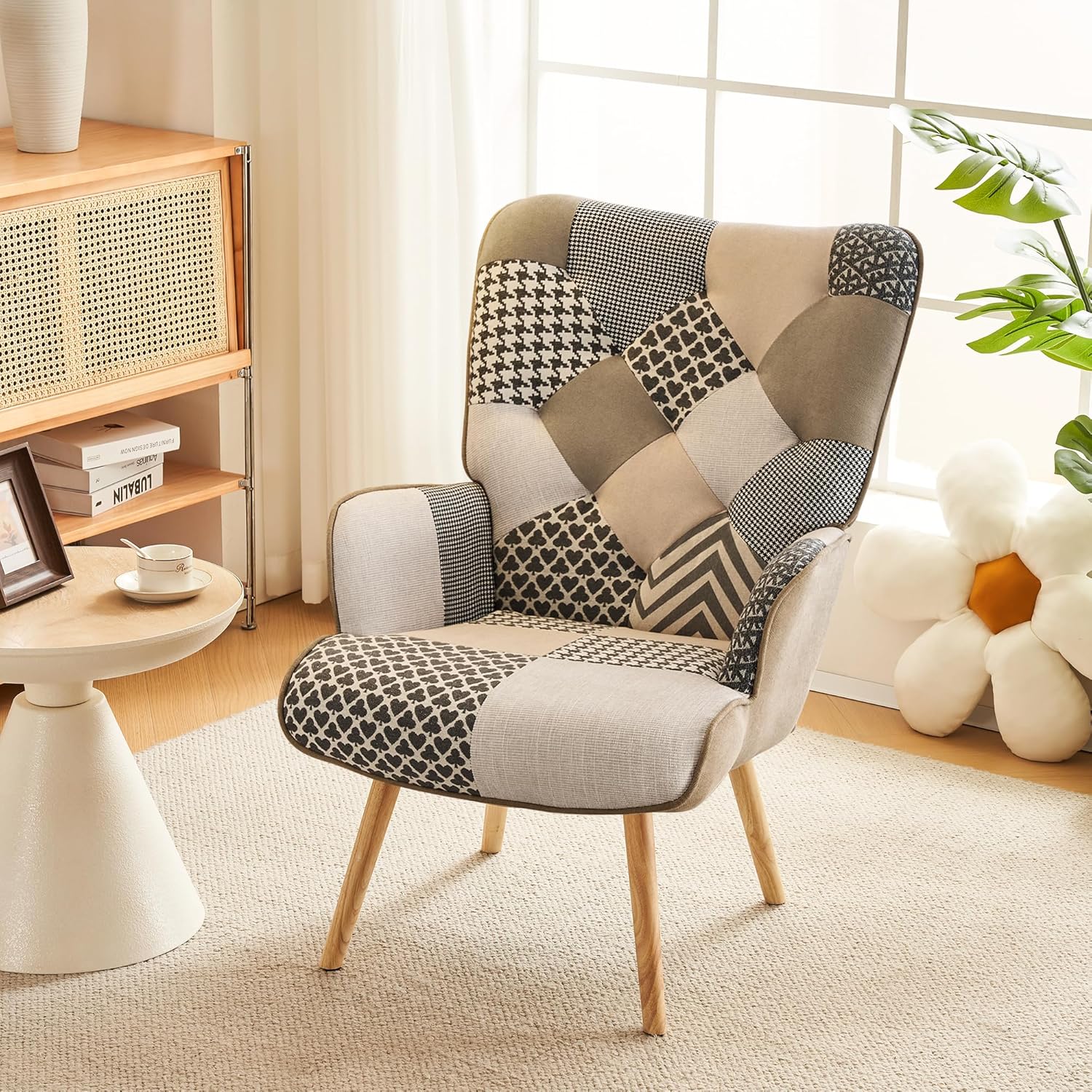 Modern High Back Square Armchair Memory Foam Colorful Patchwork Design Steel Frame Wood Finish Living Room Bedroom Dining Hotel