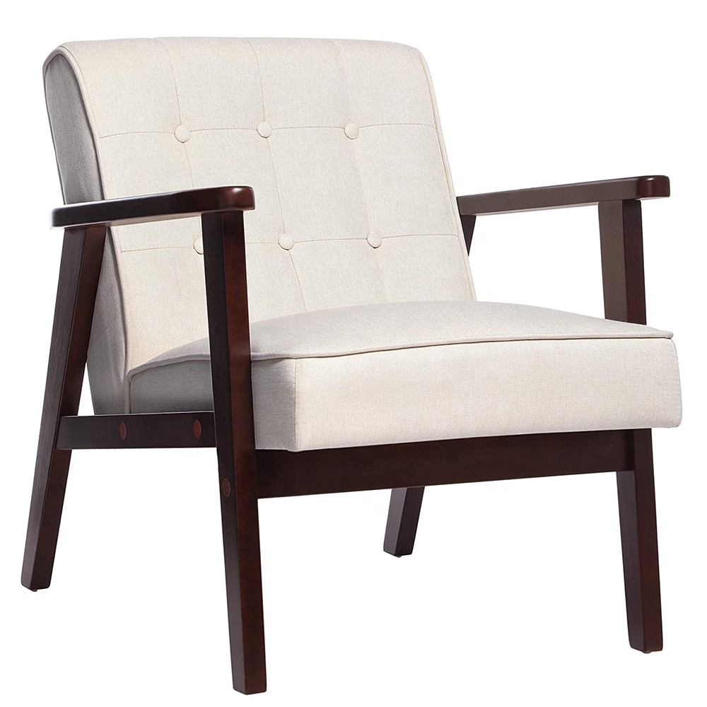 Modern Upholstered Accent Chair Comfy Armchair Tufted Button Linen Fabric Single Sofa Arm Chair Living Room Furniture