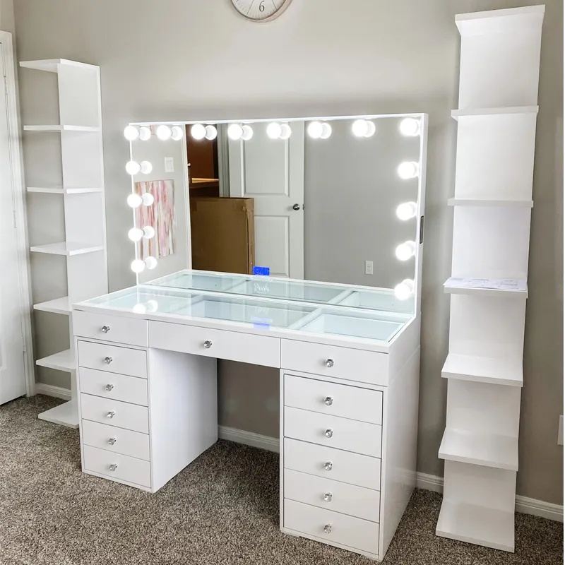White Glossy Paint Makeup Vanity Table with LED Lighted Mirror, Drawers and Shelves for Bedroom Storage