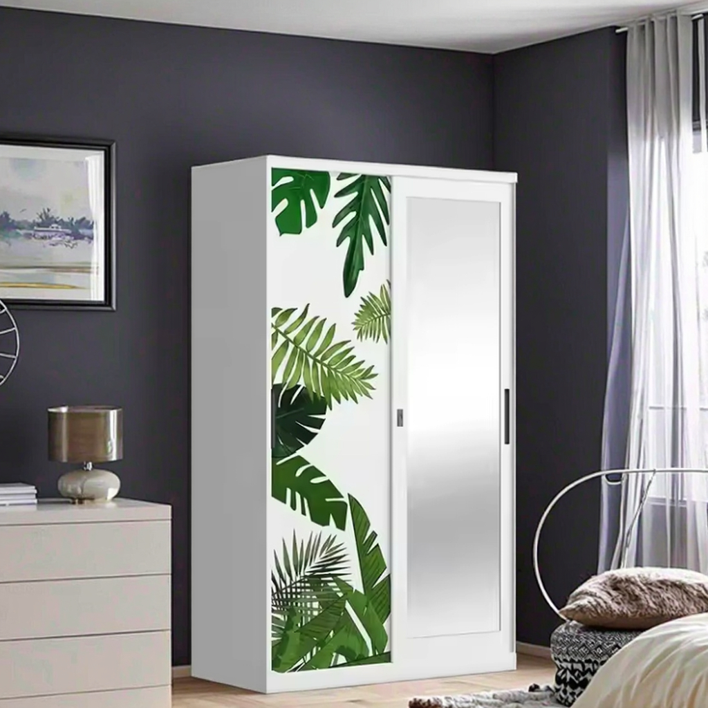 Custom Design Printing Knock Down Iron Cupboard Cloth Storage Bedroom Furniture Metal Mirror Sliding Steel Wardrobe 2 Door