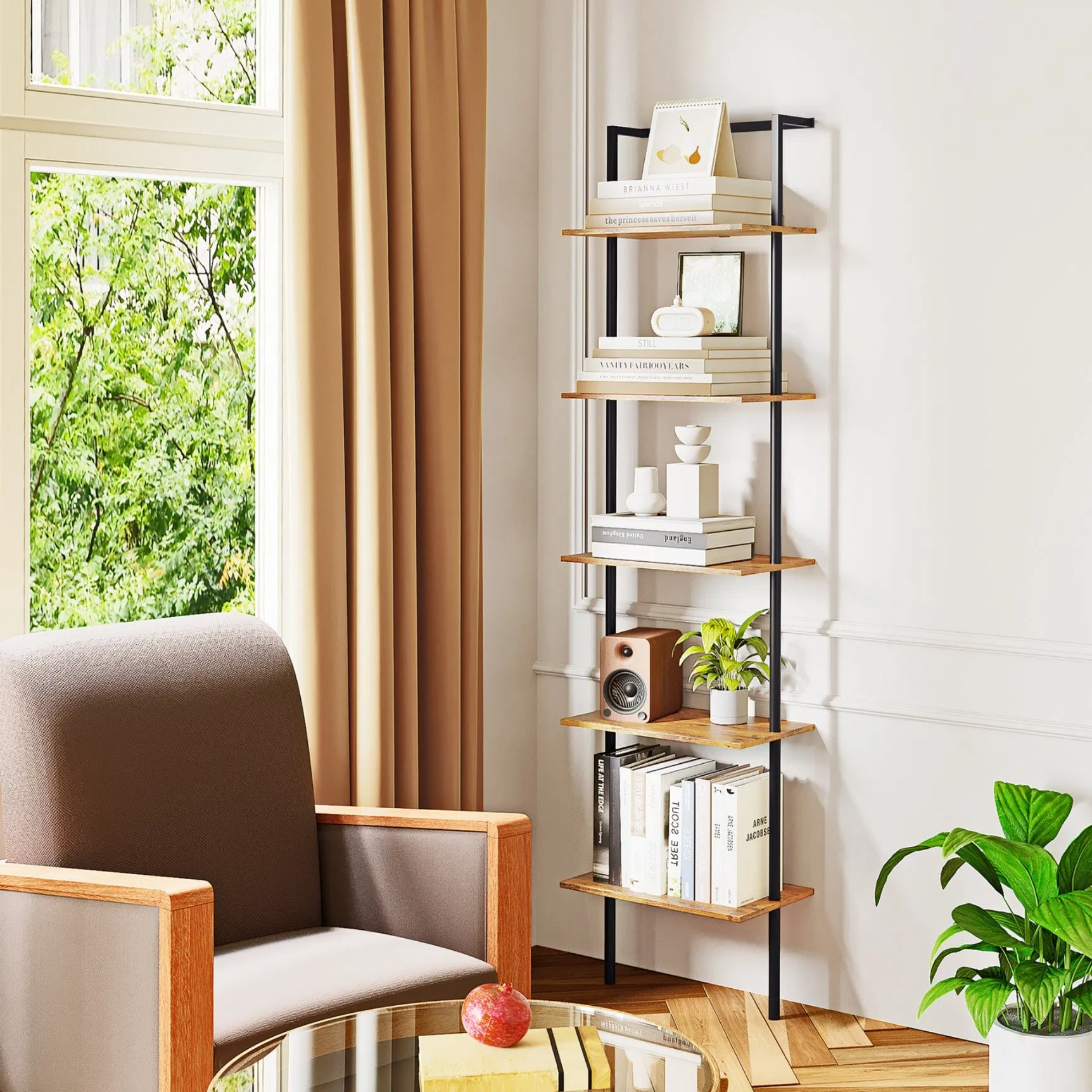 Ladder Shelf Wall-Mounted Design Tall Display Shelf Steel Wood Wall Bookshelf