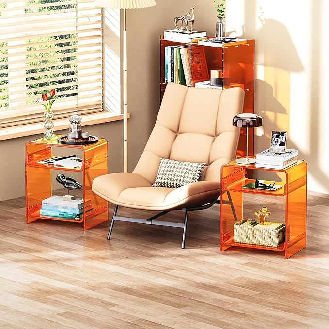 Set of 2 Modern Acrylic End Table Record Player Table with Storage Shelf Clear Side Table Nightstand Living Room Furniture