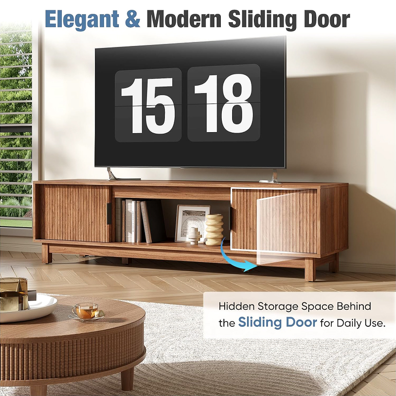 58" Modern TV Stand, Mocha Brown Wood TV Stand with Storage Cabinets, TV Stand with Straight Legs for Living Room, Bedroom