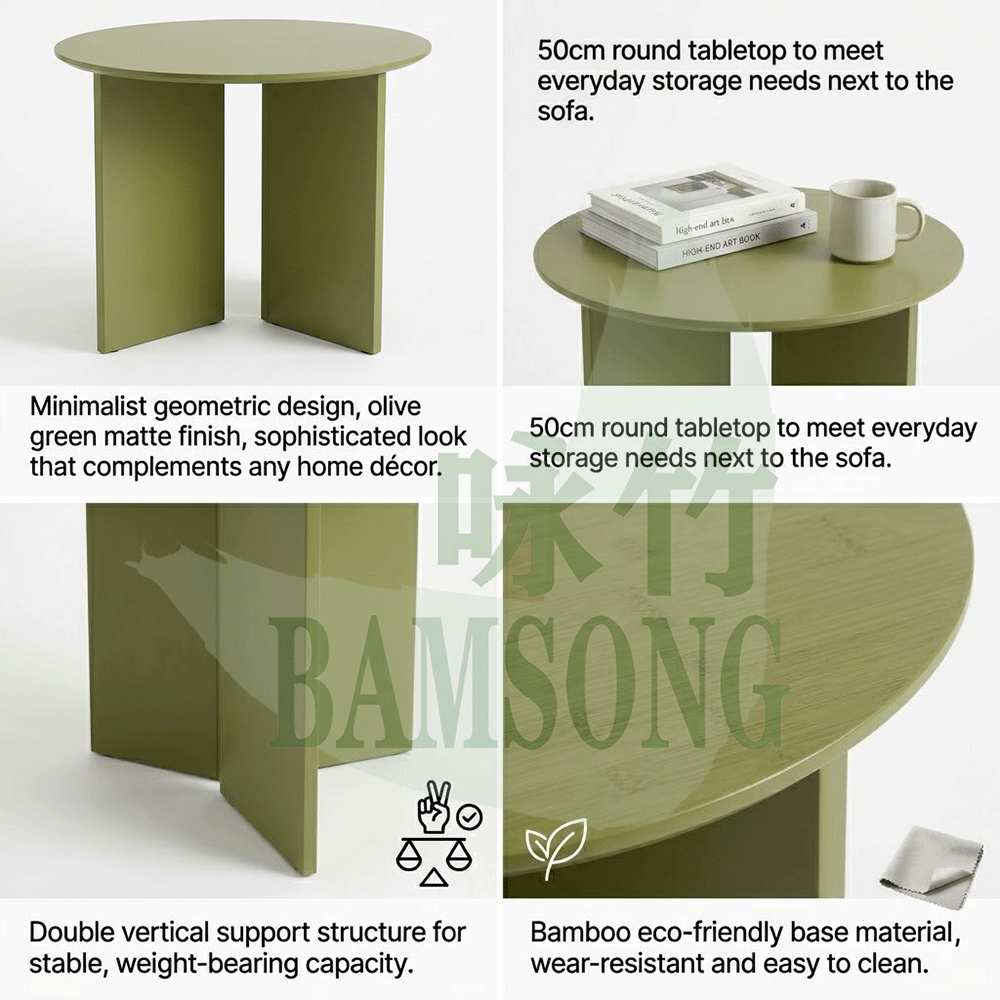 Side Table Natural Bamboo Olive Green Finish Simple Modern Round End Table with Panel Legs Sturdy Coffee Table for Home Use