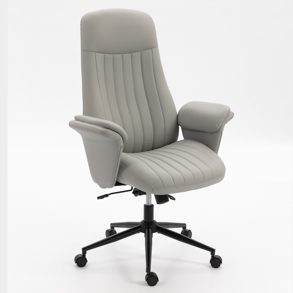 High Back Gray Office Chair Vertical Striped PU Leather Ergonomic Executive Chair Comfortable Soft Padded Adjustable Lifting