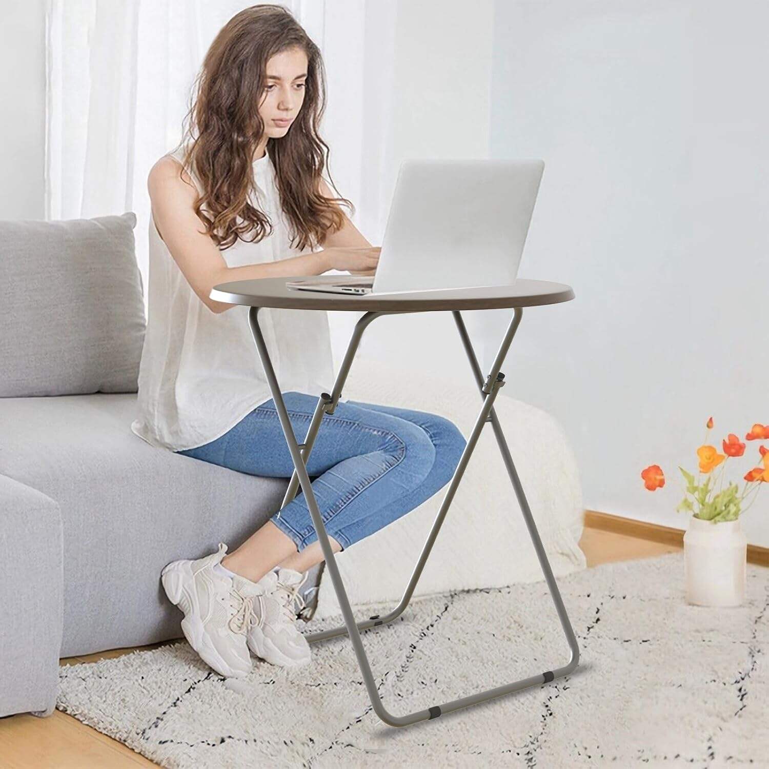 Portable Contemporary Folding TV Tray Table Small Round Foldable Side Table for Home Apartment &amp; Outdoor Use