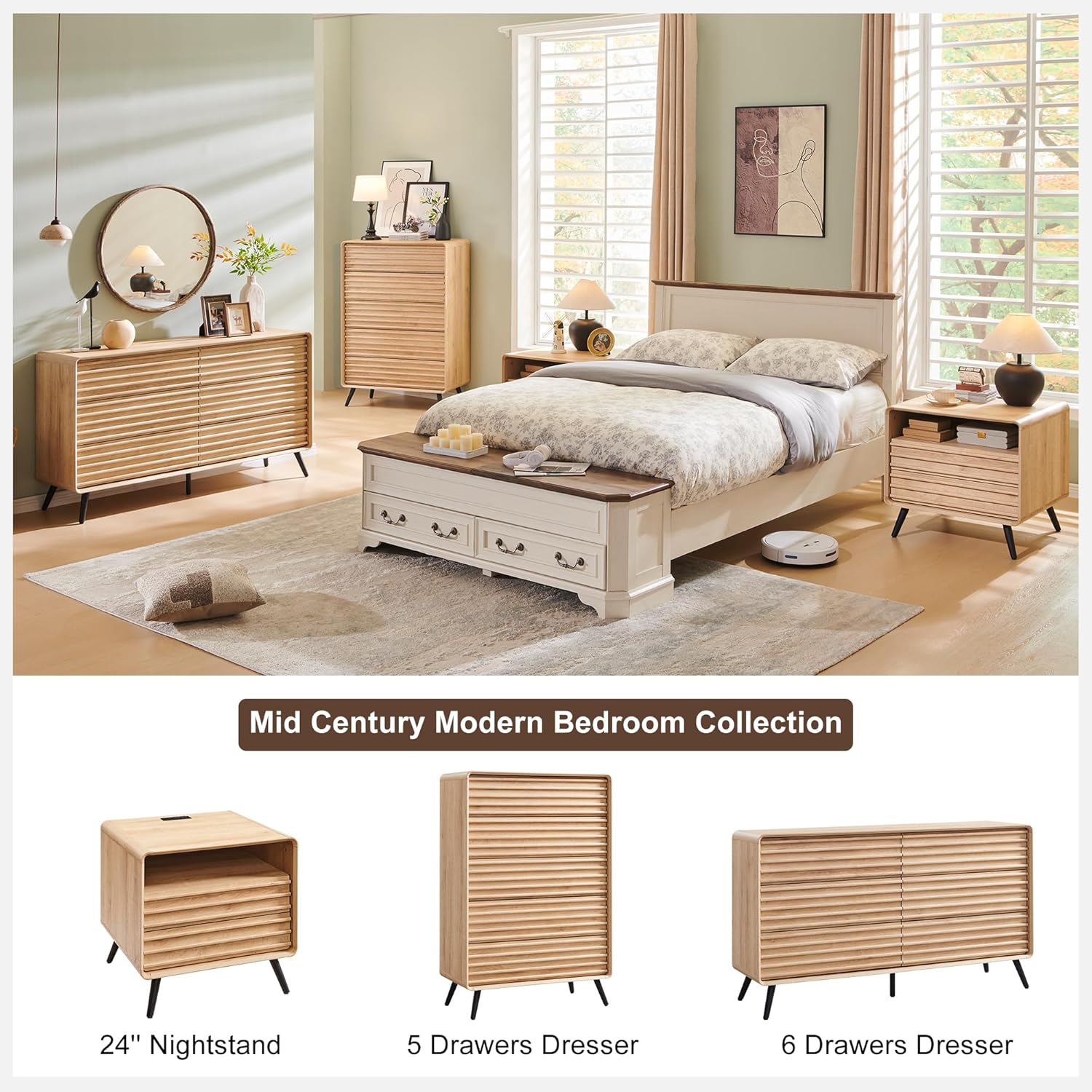 Mid Century Modern Fluted End Table with 2 Drawers, Wooden Side Table with Open Cubby Storage for Living Room, Bedroom
