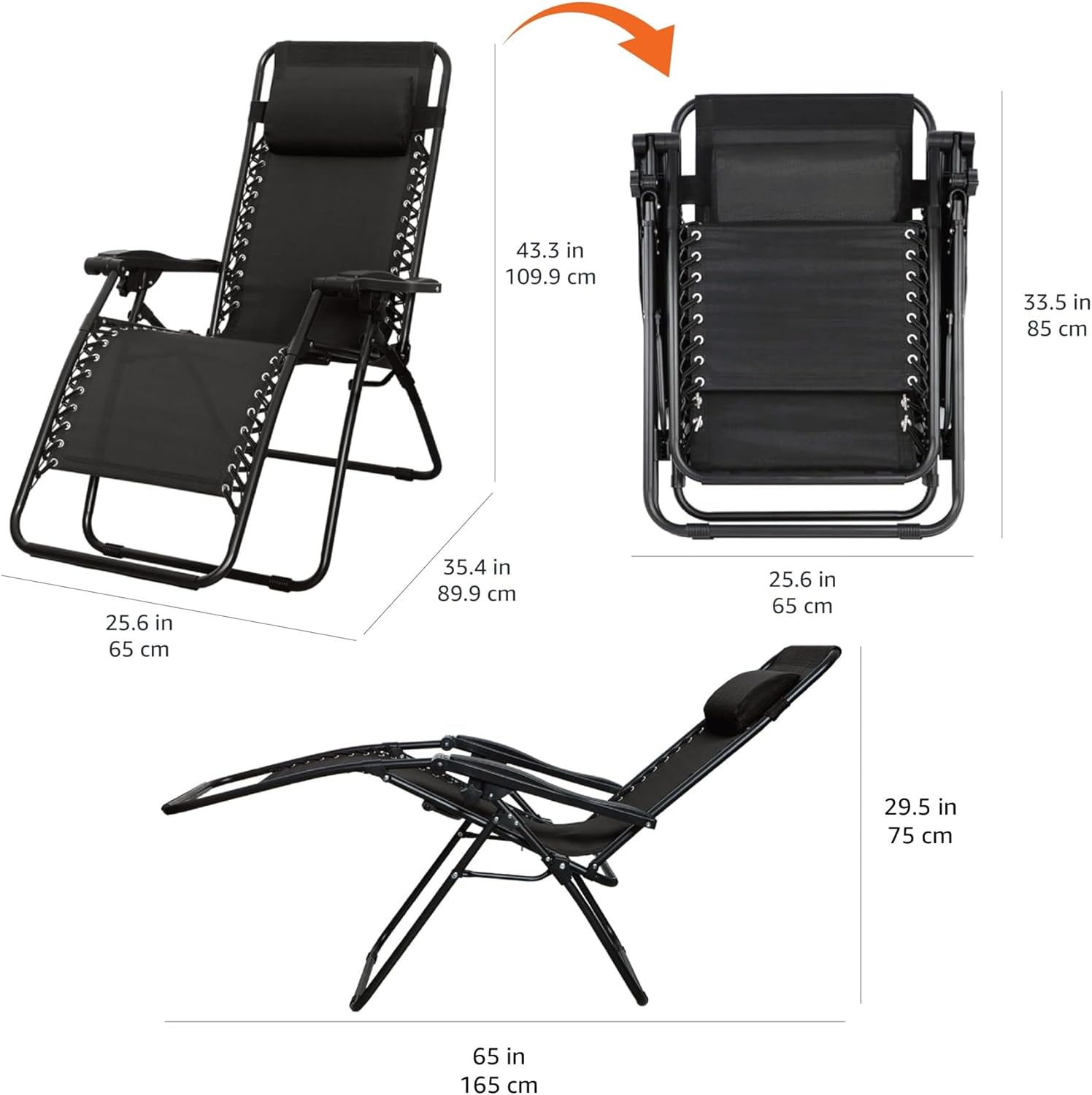 NBT Outdoor Iron Patio Zero Gravity Portable Folding Reclining Lounge Chair Padded Headrest Pillow Weather Resistant Travelling