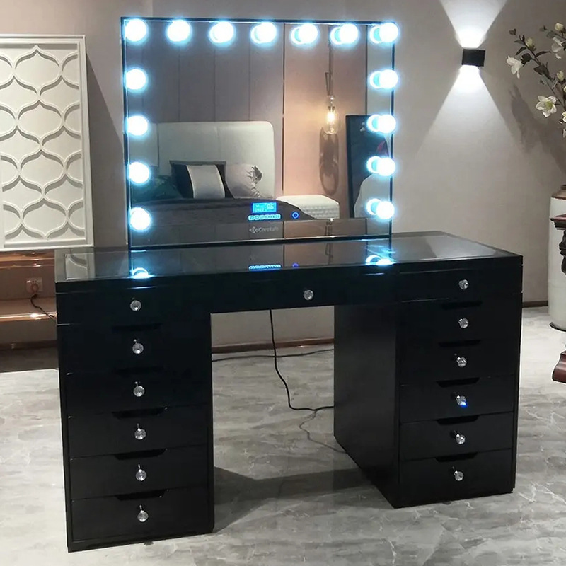 Wholesale Modern Dressing Table Glass Top Vanity Desk with LED Illuminated Mirror Storage Power Socket for Bedroom