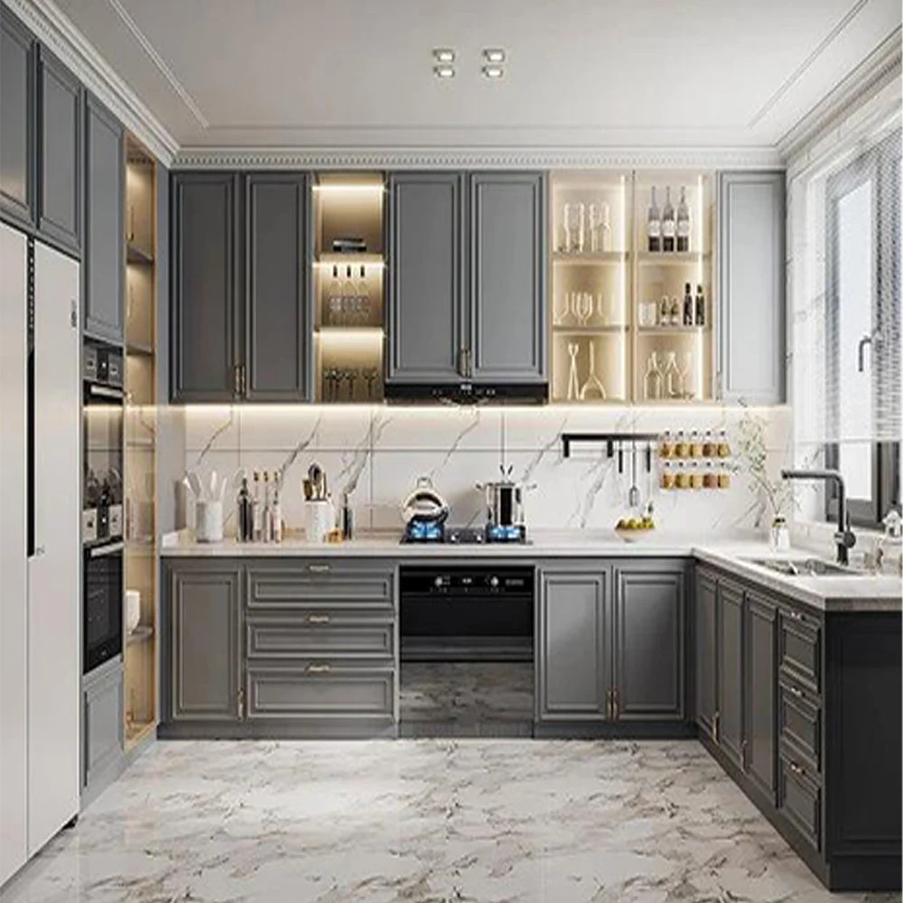 Wholesale Solid Wood Luxury Island Display Kitchen-Cabinets Furniture Factory Modern with Glass Doors High Gloss Cabinetry with Countertops Cupboards Cabinet