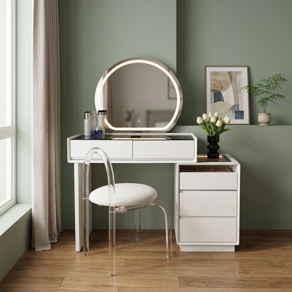 Modern Multi-Purpose Makeup Vanity Table with Standing Mirror Storage Desk for Bedroom Furniture